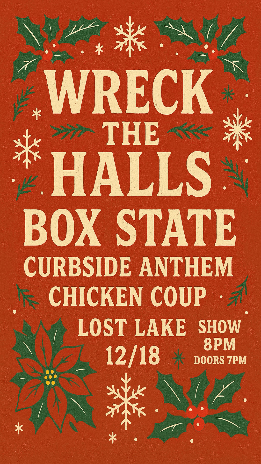 Wreck the Halls poster with Chicken Coup, Box State, and Curbside Anthem